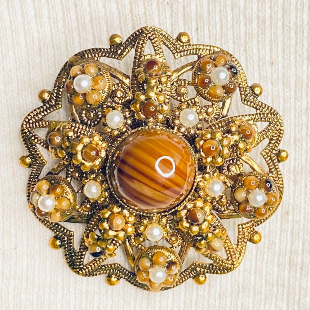 💎West Germany Ornate Brooch Gold Tone Filagree Amber And Pearly Stones